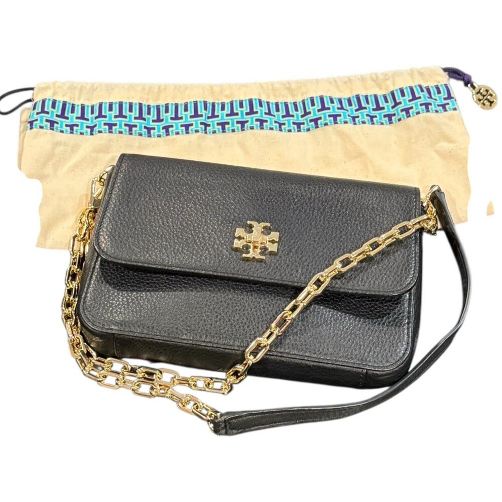 Tory Burch Mercer Chain Pebble Leather Black Turn Lock Crossbody Bag Purse Dust - Picture 12 of 12